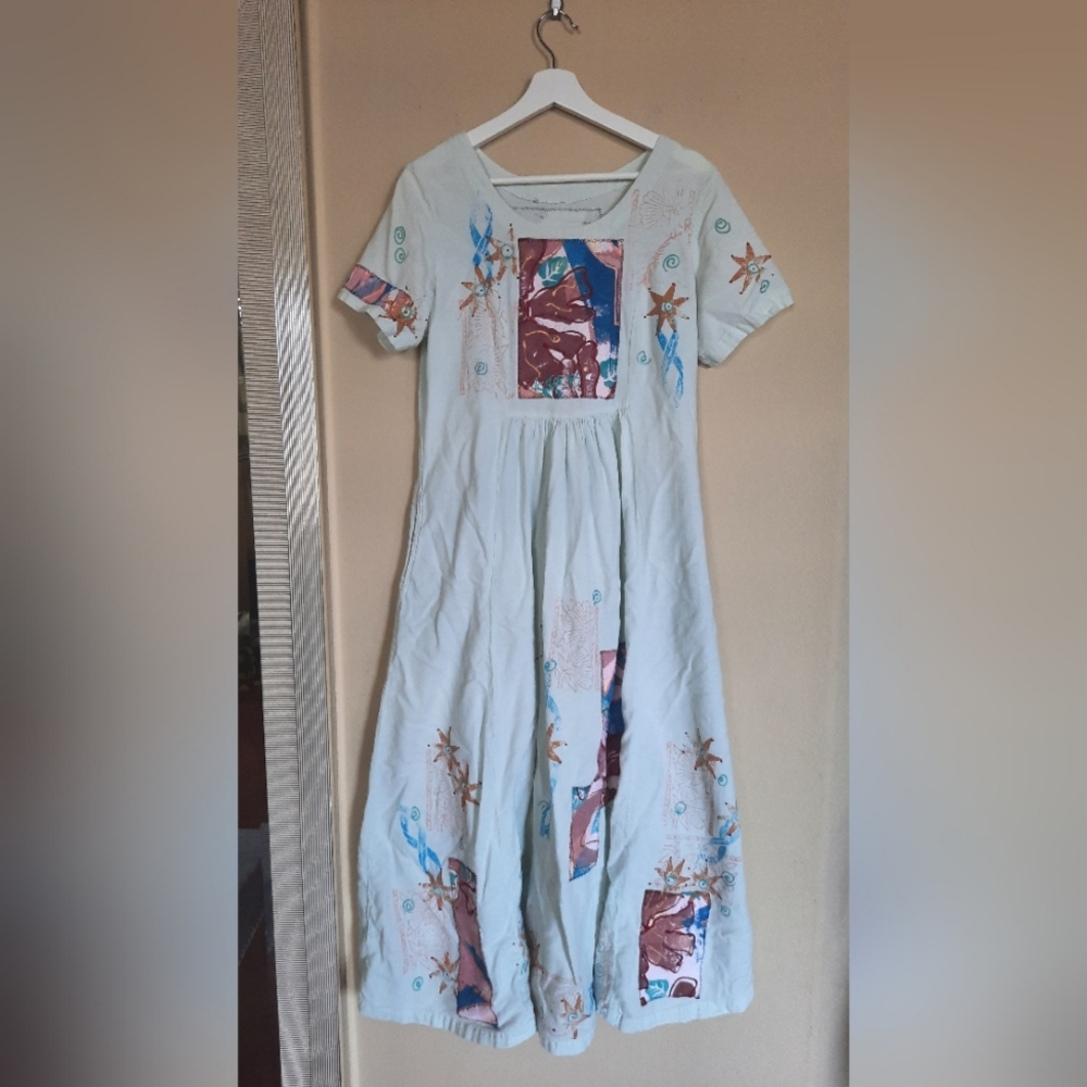 Bohemian Maxi Dress with Artistic Painted Print Coastal Eclectic Ocean Lagenlook